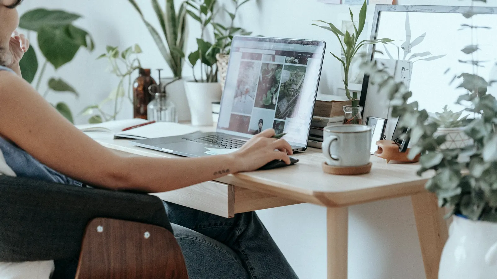 Someone working on a laptop at a desk at home, surrounded by plants.