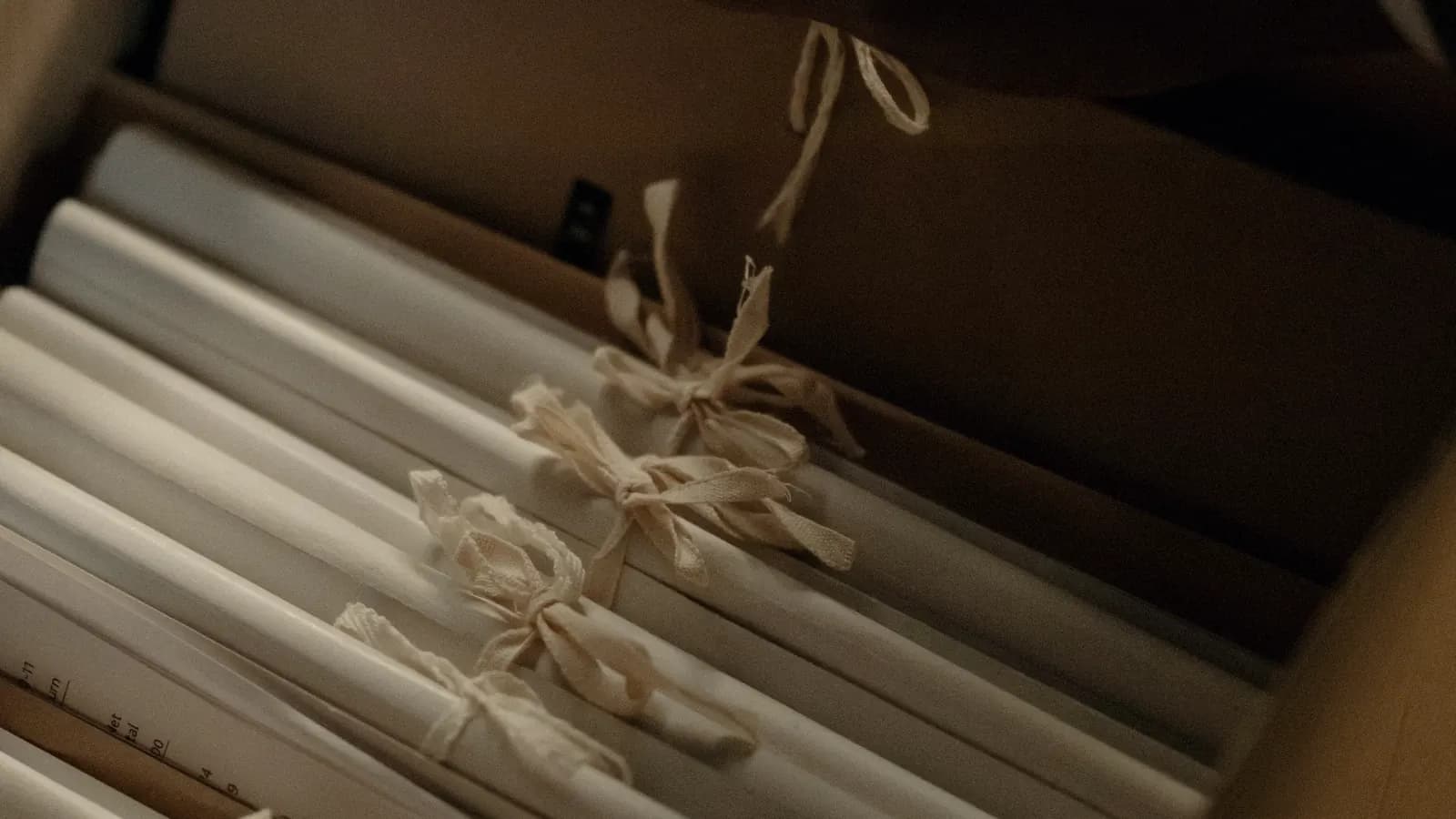 A hand reaching into an archive box of tied bundles of paper records.
