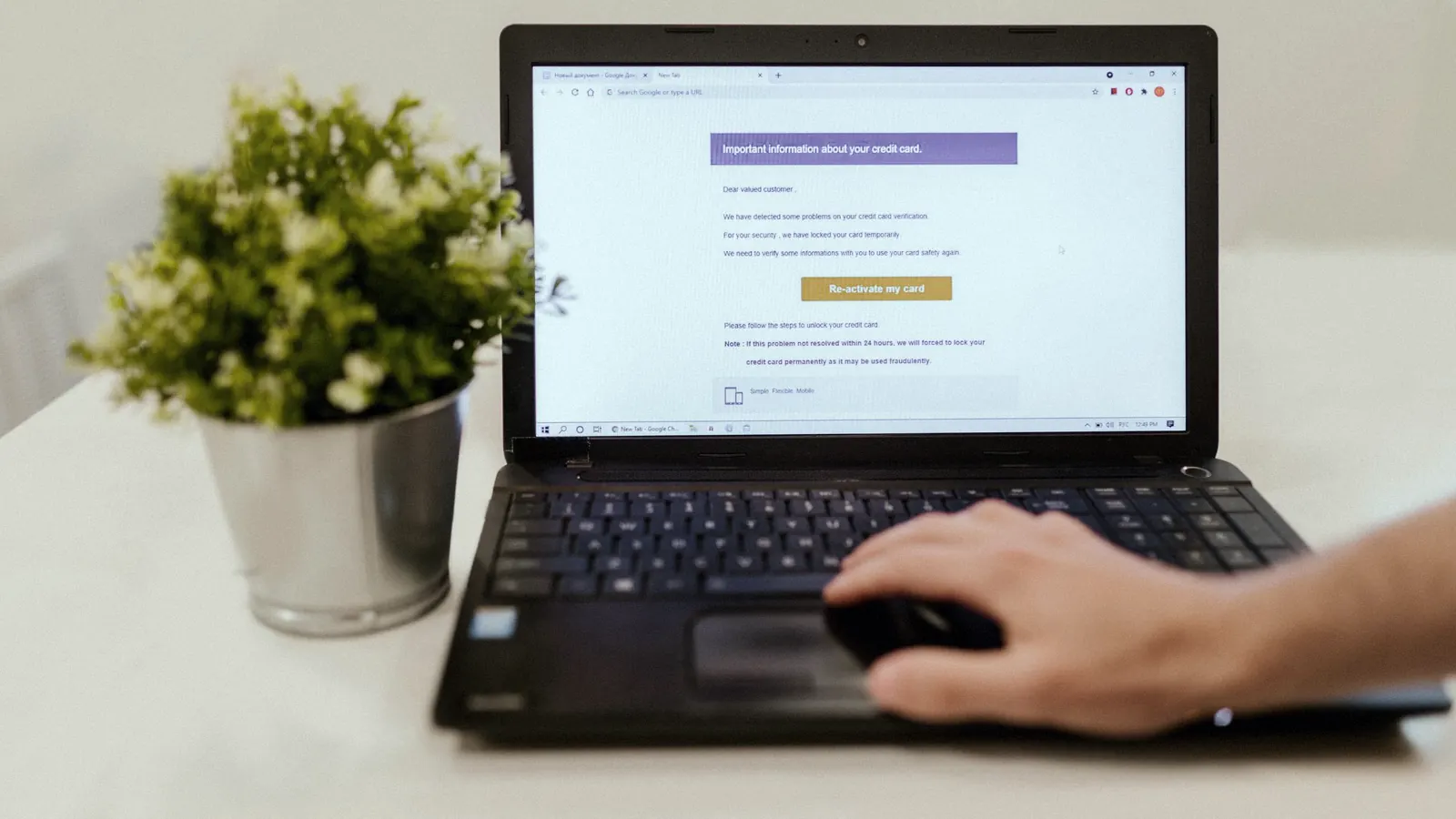 A hand on a laptop's trackpad with an email open on screen, beside a small potted plant.