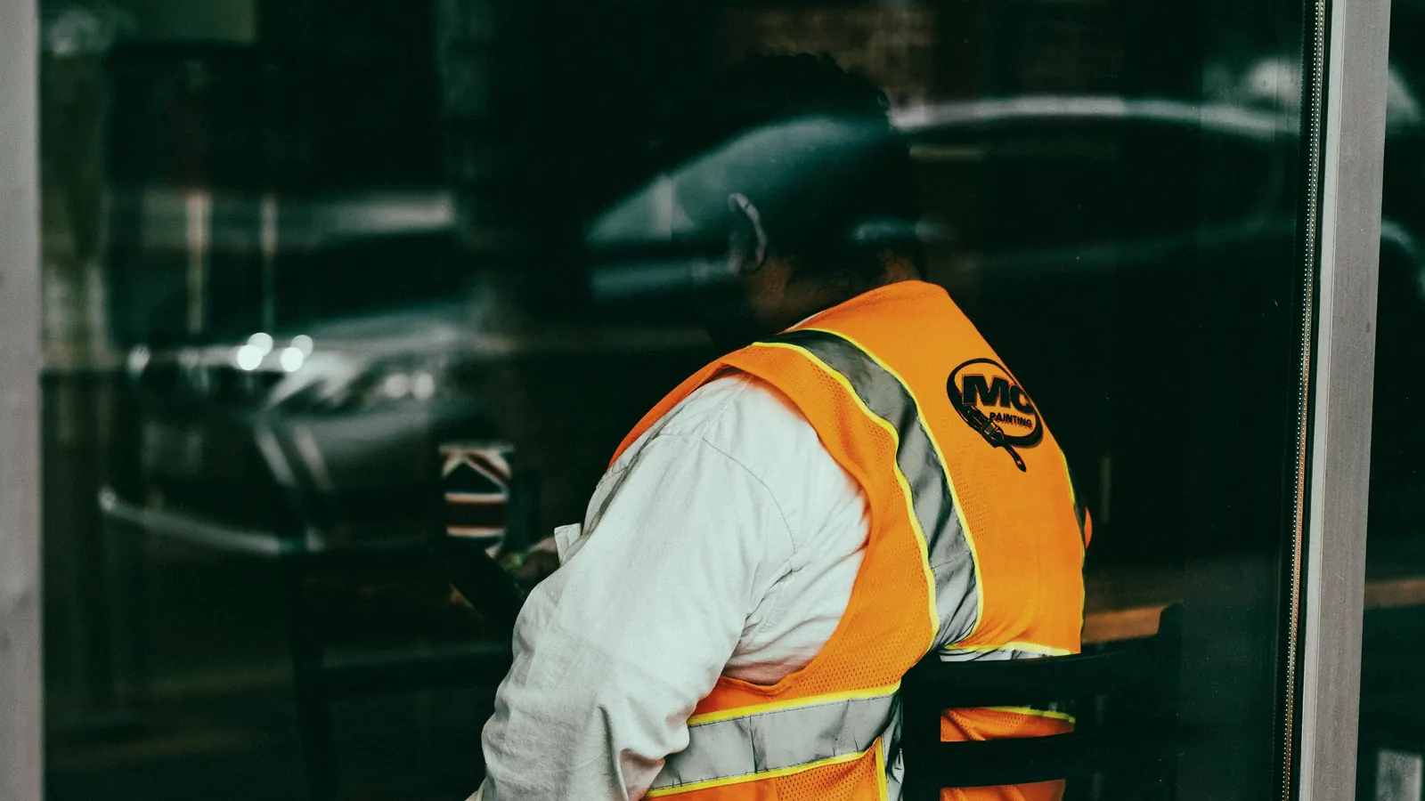 A worker in a hi-vis vest sitting at a café window on a break.