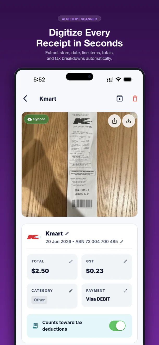 Extracted receipt showing merchant, date, totals and line items