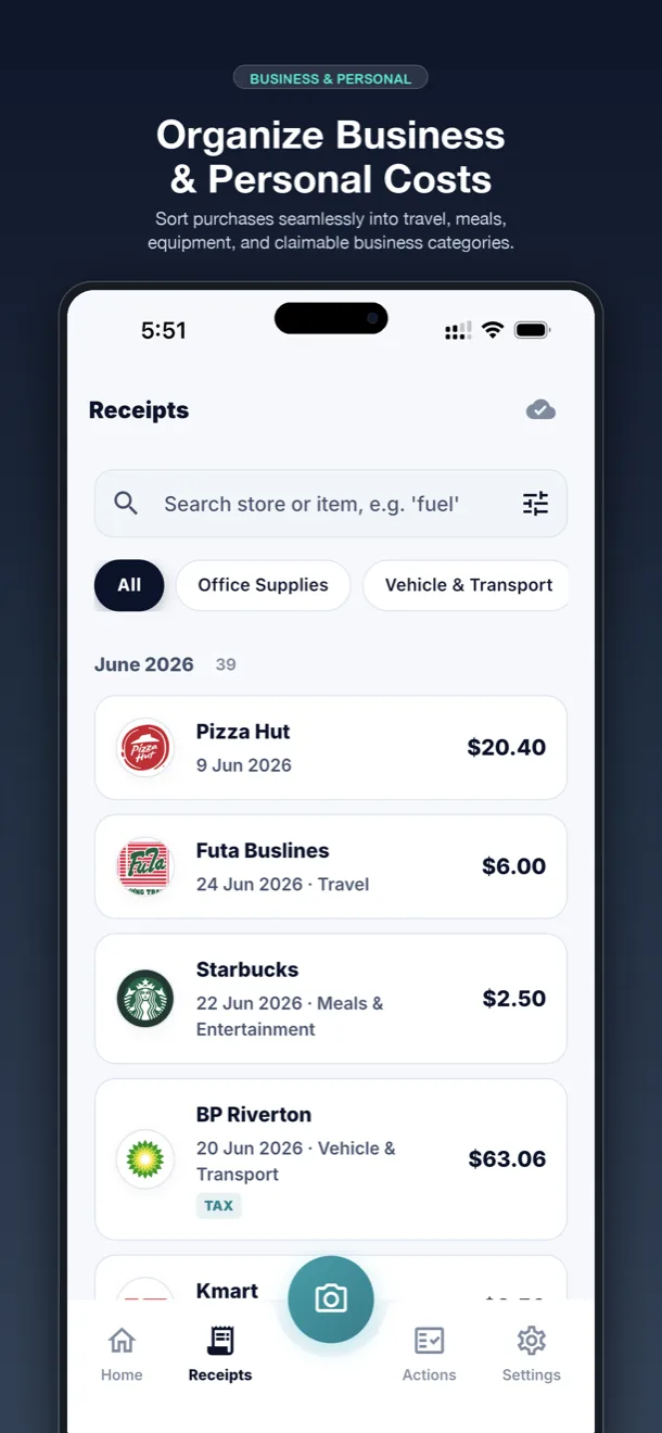 A receipt split between business and personal spending
