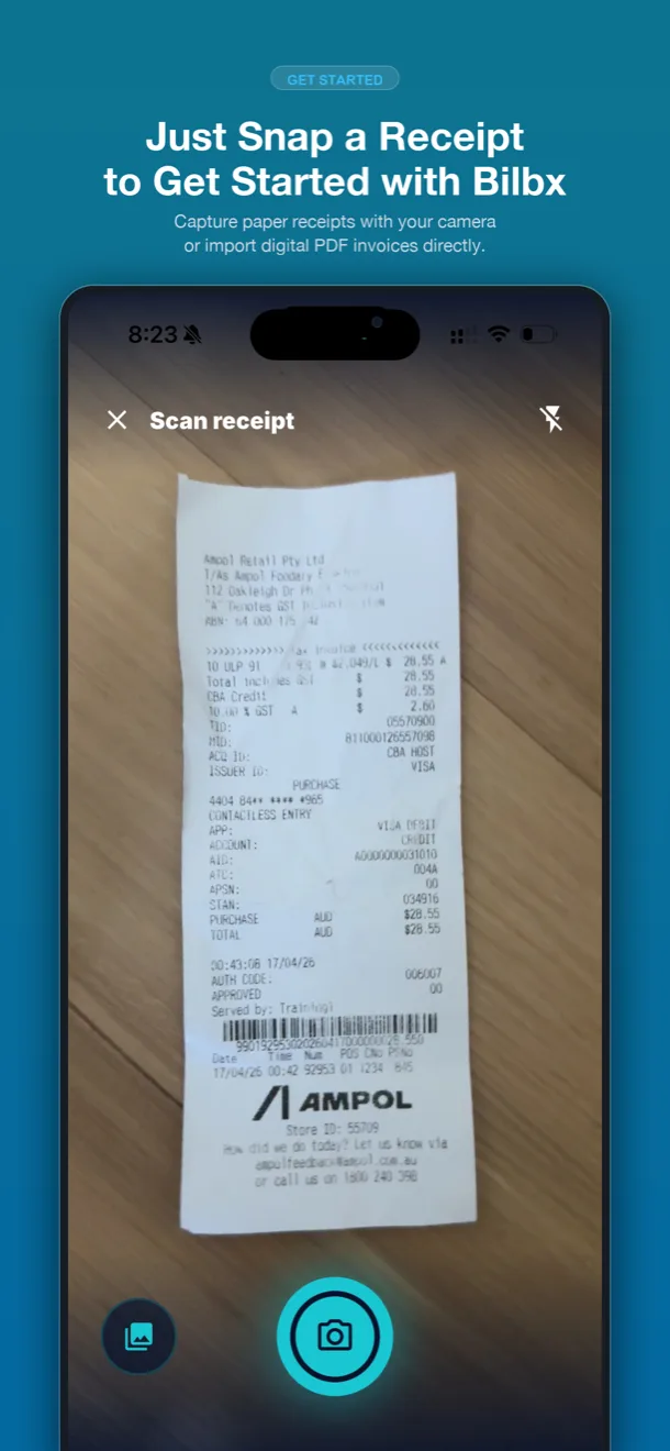 Bilbx scanning a paper receipt with the phone camera