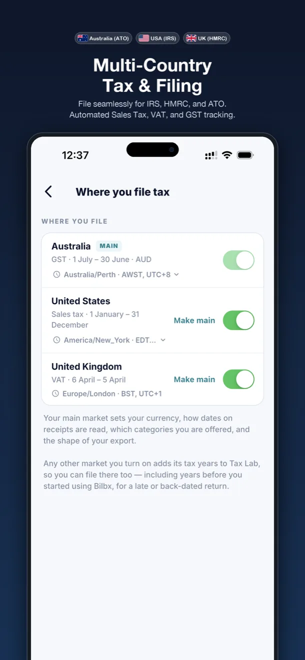 Market selection for Australian, US and UK tax handling