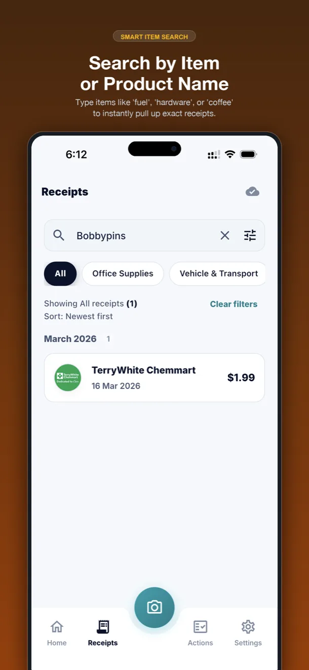 Searching the receipt vault by individual purchased item