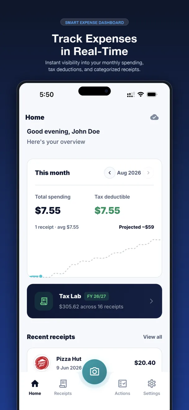 Bilbx dashboard showing monthly spending and projected deductible totals