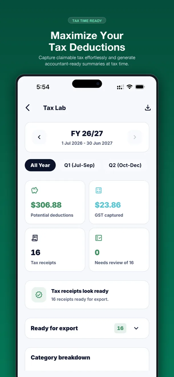 Tax Lab showing categorised deductible expenses