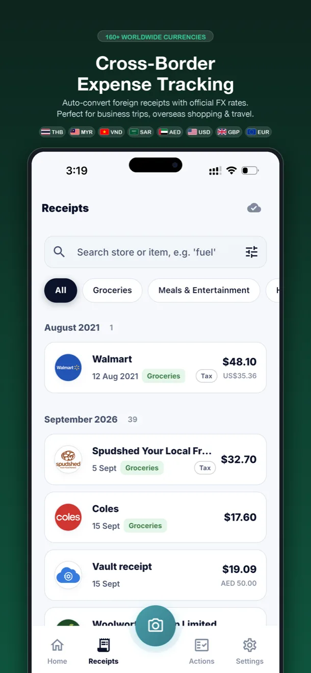 Receipts in multiple currencies converted to a home currency
